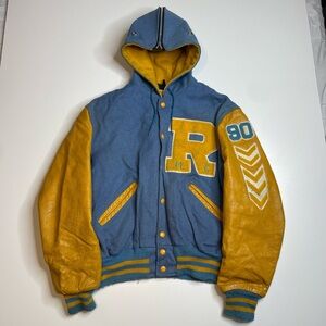 Vintage 70’s Letterman Wresting Wool Leather Hooded Jacket Blue Yellow L RARE